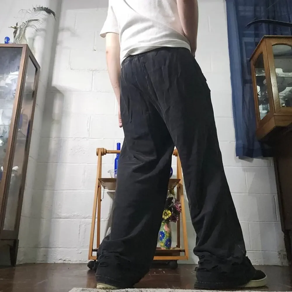 Stone Wash Distressed Baggy Sweatpants Dark Gray Drawstring W28 42in